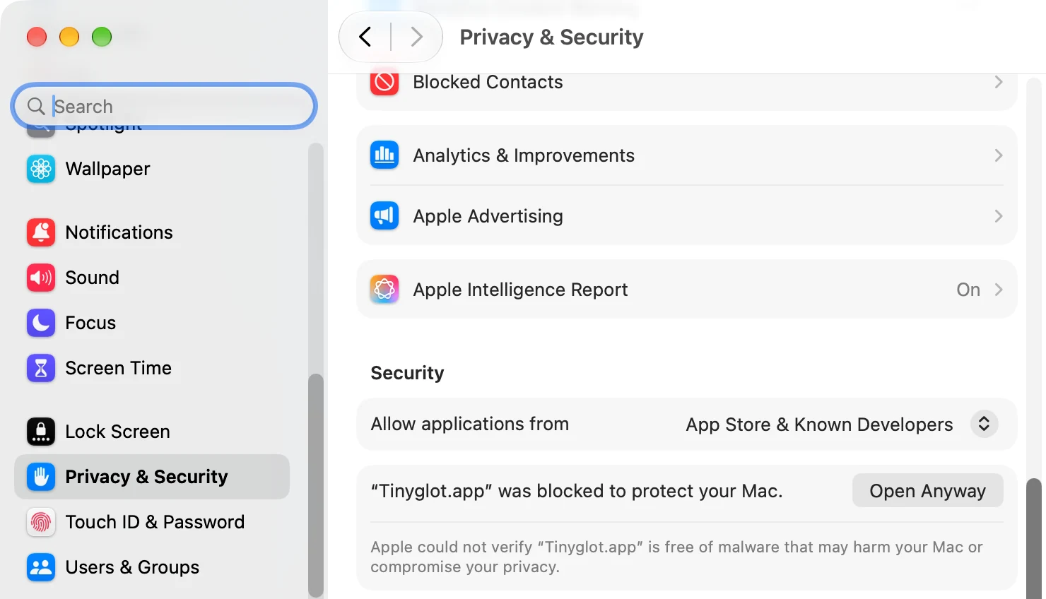 System Settings showing Privacy &amp; Security. Under Security, “Tinyglot.app” was blocked to protect your Mac, with an Open Anyway button.